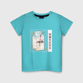 Детская футболка хлопок с принтом Японское кавайное молоко в Курске, 100% хлопок | круглый вырез горловины, полуприлегающий силуэт, длина до линии бедер | anime | art | carton | cocktail | cute | food | japan | japanese | kanji | kawaii | manga | milk | алфавит | аниме | арт | в японском стиле | звёзды | кандзи | картон | манга | милота | молочный коктейль | облака | стиль токио | японские буквы 