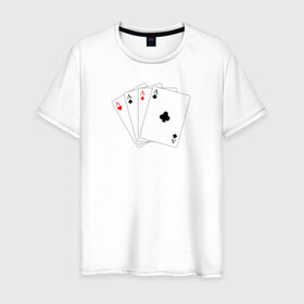 Мужская футболка хлопок с принтом Четыре карты в Курске, 100% хлопок | прямой крой, круглый вырез горловины, длина до линии бедер, слегка спущенное плечо. | буби | игральные карты | иллюстрация | каре | туз | черви