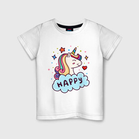 Детская футболка хлопок с принтом Счастливый единорог в Курске, 100% хлопок | круглый вырез горловины, полуприлегающий силуэт, длина до линии бедер | Тематика изображения на принте: cute | funny | pony | rainbow | unicorn | единорог | единорожка | милый | пони | радуга | счастливый