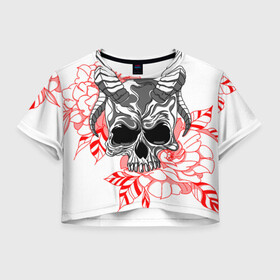 Женская футболка Crop-top 3D с принтом Череп с рогами в Курске, 100% полиэстер | круглая горловина, длина футболки до линии талии, рукава с отворотами | рога | розы | сатана | цветы | череп | черепок