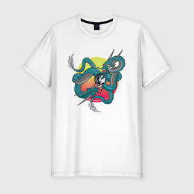 Мужская футболка хлопок Slim с принтом Зеленый дракон в Курске, 92% хлопок, 8% лайкра | приталенный силуэт, круглый вырез ворота, длина до линии бедра, короткий рукав | Тематика изображения на принте: дракон | иллюстрация | солнце | череп | ящер