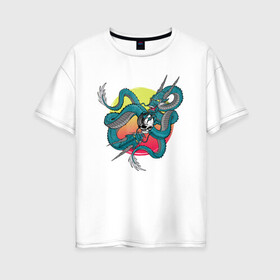 Женская футболка хлопок Oversize с принтом Зеленый дракон в Курске, 100% хлопок | свободный крой, круглый ворот, спущенный рукав, длина до линии бедер
 | дракон | иллюстрация | солнце | череп | ящер