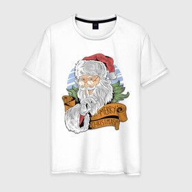 Мужская футболка хлопок с принтом Merry Christmas в Курске, 100% хлопок | прямой крой, круглый вырез горловины, длина до линии бедер, слегка спущенное плечо. | cанта | дед мороз | иллюстрация | рождество | сочельник