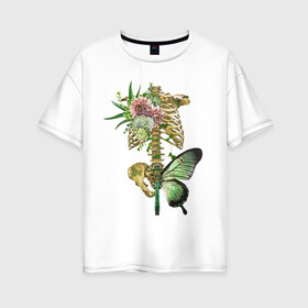 Женская футболка хлопок Oversize с принтом Внутренний мир в Курске, 100% хлопок | свободный крой, круглый ворот, спущенный рукав, длина до линии бедер
 | art | бабочка | иллюстрация | скелет | цветы