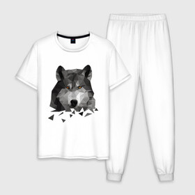 Мужская пижама хлопок с принтом Полигональный Волк в Курске, 100% хлопок | брюки и футболка прямого кроя, без карманов, на брюках мягкая резинка на поясе и по низу штанин
 | волк | дикий | животные | зверь | одинокий | полигональный