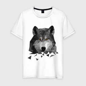 Мужская футболка хлопок с принтом Полигональный Волк в Курске, 100% хлопок | прямой крой, круглый вырез горловины, длина до линии бедер, слегка спущенное плечо. | Тематика изображения на принте: волк | дикий | животные | зверь | одинокий | полигональный