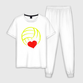 Мужская пижама хлопок с принтом Volleyball Heart в Курске, 100% хлопок | брюки и футболка прямого кроя, без карманов, на брюках мягкая резинка на поясе и по низу штанин
 | ball | beach | game | heart | love | sport | volley | volleyball | волейбол | волейболист | волейболистка | гол | игра | игрок | мяч | площадка | пляж | пляжный | победа | сердце | сетка | спорт | тренер | чемпион
