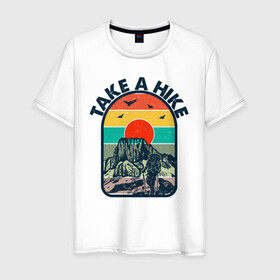 Мужская футболка хлопок с принтом Take A Hike в Курске, 100% хлопок | прямой крой, круглый вырез горловины, длина до линии бедер, слегка спущенное плечо. | hike | горы | закат | иллюстрация | птицы