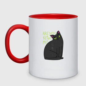 Кружка двухцветная с принтом Are you kitten me | Чёрный кот в Курске, керамика | объем — 330 мл, диаметр — 80 мм. Цветная ручка и кайма сверху, в некоторых цветах — вся внутренняя часть | big eyes | black cat | fear | funny cat | joking | kitten | kitty | игра слов | испуг | киса | кот с большими глазами | котёнок | котик | котики | кошка | кошки | милый котик | не шути со мной | прикол | рисунок | тёмный кот