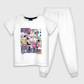 Детская пижама хлопок с принтом Vaporwave Anime Ramen Shop в Курске, 100% хлопок |  брюки и футболка прямого кроя, без карманов, на брюках мягкая резинка на поясе и по низу штанин
 | Тематика изображения на принте: anime fan | art | japan | japanese | manga character | tokyo | анимация | анимешник | арт | кафе | комикс | комиксы | магазин | манга | отрисовка | паровая волна | пародия | персонаж аниме | прикол | рамен