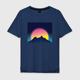 Мужская футболка хлопок Oversize с принтом Vaporwave Mountain Sunset в Курске, 100% хлопок | свободный крой, круглый ворот, “спинка” длиннее передней части | Тематика изображения на принте: chill | chilled cow | fashion | landscape | lo fi hip hop | lofi | music | retrowave | stars | synthpop | synthwave | zen | вапорвейв | горы | дзен | закат | звёзды | музыка | небо | ночное небо | паровая волна | пейзаж | ретровейв | синтвейв | синтпоп | 