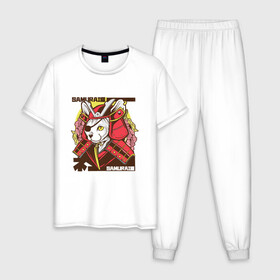 Мужская пижама хлопок с принтом Японский кот самурай в Курске, 100% хлопок | брюки и футболка прямого кроя, без карманов, на брюках мягкая резинка на поясе и по низу штанин
 | art | cat | cyberpunk samurai | ninja | oni | ronin | samurai | shogun | yakuza | арт | воин | воитель | киберпанк самурай | кошка | мерч | прикол | путь воина | путь война | ронин | сёгун | сепукку | токио | харакири | черный самурай