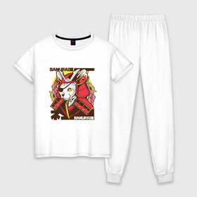 Женская пижама хлопок с принтом Японский кот самурай в Курске, 100% хлопок | брюки и футболка прямого кроя, без карманов, на брюках мягкая резинка на поясе и по низу штанин | art | cat | cyberpunk samurai | ninja | oni | ronin | samurai | shogun | yakuza | арт | воин | воитель | киберпанк самурай | кошка | мерч | прикол | путь воина | путь война | ронин | сёгун | сепукку | токио | харакири | черный самурай