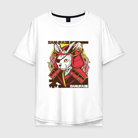 Мужская футболка хлопок Oversize с принтом Японский кот самурай в Курске, 100% хлопок | свободный крой, круглый ворот, “спинка” длиннее передней части | art | cat | cyberpunk samurai | ninja | oni | ronin | samurai | shogun | yakuza | арт | воин | воитель | киберпанк самурай | кошка | мерч | прикол | путь воина | путь война | ронин | сёгун | сепукку | токио | харакири | черный самурай