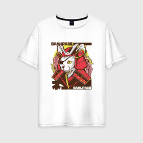 Женская футболка хлопок Oversize с принтом Японский кот самурай в Курске, 100% хлопок | свободный крой, круглый ворот, спущенный рукав, длина до линии бедер
 | art | cat | cyberpunk samurai | ninja | oni | ronin | samurai | shogun | yakuza | арт | воин | воитель | киберпанк самурай | кошка | мерч | прикол | путь воина | путь война | ронин | сёгун | сепукку | токио | харакири | черный самурай