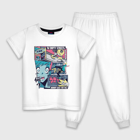 Детская пижама хлопок с принтом Vaporwave Anime Skater Boy в Курске, 100% хлопок |  брюки и футболка прямого кроя, без карманов, на брюках мягкая резинка на поясе и по низу штанин
 | Тематика изображения на принте: anime fan | art | fail | japan | japanese | manga character | tokyo | анимация | анимешник | арт | арты | комикс | комиксы | манга | отрисовка | паровая волна | пародия | персонаж аниме | рисунок в стиле аниме | скейтер | токио