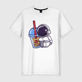 Мужская футболка хлопок Slim с принтом Астронавт и сок в Курске, 92% хлопок, 8% лайкра | приталенный силуэт, круглый вырез ворота, длина до линии бедра, короткий рукав | астронавт | иллюстрация | космос | сок | стакан