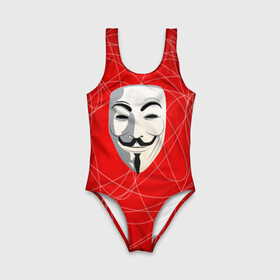 Детский купальник 3D с принтом Маска Гая Фокса в Курске, Полиэстер 85%, Спандекс 15% | Слитный крой, подклад по переду изделия, узкие бретели | anonimus | аноним | анонимус | гай | защита | маска | фокс
