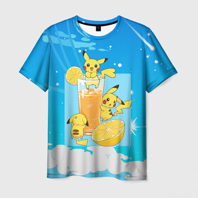 Мужская футболка 3D с принтом Пикачу в лимонаде в Курске, 100% полиэфир | прямой крой, круглый вырез горловины, длина до линии бедер | anime | picachu | pikachu | аниме | милый | пика | пикачу | покебол | покемон