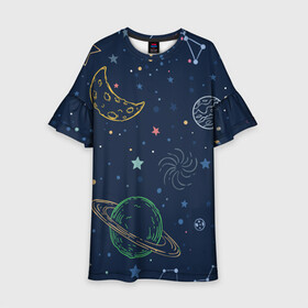 Детское платье 3D с принтом Космическая одиссея в Курске, 100% полиэстер | прямой силуэт, чуть расширенный к низу. Круглая горловина, на рукавах — воланы | Тематика изображения на принте: background | галактика | звёзды | иллюстрация | луна | планеты