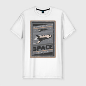 Мужская футболка хлопок Slim с принтом Космическое приключение в Курске, 92% хлопок, 8% лайкра | приталенный силуэт, круглый вырез ворота, длина до линии бедра, короткий рукав | ship | астероид | галактика | иллюстрация | космический корабль