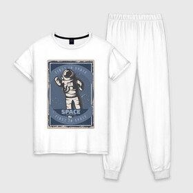 Женская пижама хлопок с принтом First In Space в Курске, 100% хлопок | брюки и футболка прямого кроя, без карманов, на брюках мягкая резинка на поясе и по низу штанин | art | first | астронавт | галактика | иллюстрация