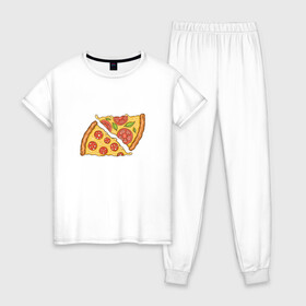 Женская пижама хлопок с принтом Два кусочка пиццы  в Курске, 100% хлопок | брюки и футболка прямого кроя, без карманов, на брюках мягкая резинка на поясе и по низу штанин | chees | cheesy | fast food | fastfood | food | love | margarita | pepperoni | pizza | pizza lover | pizza margherita | slice | two pizza slices | базилик | колбаса | колбаска | люблю пиццу | любовь | маргарита | овощи | пепперони | помидоры | сыр | тянущи