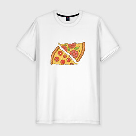 Мужская футболка хлопок Slim с принтом Два кусочка пиццы  в Курске, 92% хлопок, 8% лайкра | приталенный силуэт, круглый вырез ворота, длина до линии бедра, короткий рукав | chees | cheesy | fast food | fastfood | food | love | margarita | pepperoni | pizza | pizza lover | pizza margherita | slice | two pizza slices | базилик | колбаса | колбаска | люблю пиццу | любовь | маргарита | овощи | пепперони | помидоры | сыр | тянущи