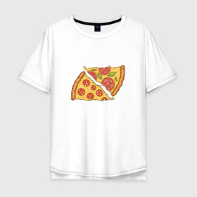 Мужская футболка хлопок Oversize с принтом Два кусочка пиццы  в Курске, 100% хлопок | свободный крой, круглый ворот, “спинка” длиннее передней части | Тематика изображения на принте: chees | cheesy | fast food | fastfood | food | love | margarita | pepperoni | pizza | pizza lover | pizza margherita | slice | two pizza slices | базилик | колбаса | колбаска | люблю пиццу | любовь | маргарита | овощи | пепперони | помидоры | сыр | тянущи