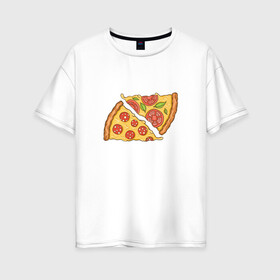 Женская футболка хлопок Oversize с принтом Два кусочка пиццы  в Курске, 100% хлопок | свободный крой, круглый ворот, спущенный рукав, длина до линии бедер
 | chees | cheesy | fast food | fastfood | food | love | margarita | pepperoni | pizza | pizza lover | pizza margherita | slice | two pizza slices | базилик | колбаса | колбаска | люблю пиццу | любовь | маргарита | овощи | пепперони | помидоры | сыр | тянущи