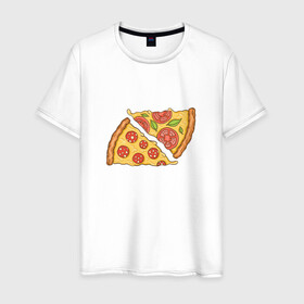 Мужская футболка хлопок с принтом Два кусочка пиццы  в Курске, 100% хлопок | прямой крой, круглый вырез горловины, длина до линии бедер, слегка спущенное плечо. | Тематика изображения на принте: chees | cheesy | fast food | fastfood | food | love | margarita | pepperoni | pizza | pizza lover | pizza margherita | slice | two pizza slices | базилик | колбаса | колбаска | люблю пиццу | любовь | маргарита | овощи | пепперони | помидоры | сыр | тянущи