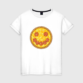 Женская футболка хлопок с принтом Пицца в виде смайлика | Smile  в Курске, 100% хлопок | прямой крой, круглый вырез горловины, длина до линии бедер, слегка спущенное плечо | chees | cheesy | fast food | fastfood | food | love | margarita | pepperoni | pizza | pizza lover | pizza margherita | базилик | колбаса | колбаска | люблю пиццу | любовь | маргарита | овощи | пепперони | помидоры | смайл | смайлик | сыр