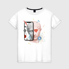 Женская футболка хлопок с принтом Ренессанс  в Курске, 100% хлопок | прямой крой, круглый вырез горловины, длина до линии бедер, слегка спущенное плечо | голова | лайк | микеланджело | ренессанс | селфи | сердце | слезы | статуя | телефон | фото