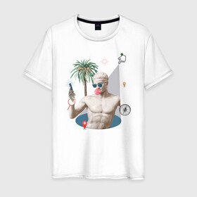 Мужская футболка хлопок с принтом Лето / Ренессанс  в Курске, 100% хлопок | прямой крой, круглый вырез горловины, длина до линии бедер, слегка спущенное плечо. | жвачка | лето | микеланджело | очки | пальмы | ренессанс | статуя | телефон