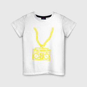 Детская футболка хлопок с принтом Золотой магнитофон на цепи в Курске, 100% хлопок | круглый вырез горловины, полуприлегающий силуэт, длина до линии бедер | бумбокс | золотая цепь | золото | магнитофон | музыка | цепь
