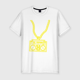 Мужская футболка хлопок Slim с принтом Золотой магнитофон на цепи в Курске, 92% хлопок, 8% лайкра | приталенный силуэт, круглый вырез ворота, длина до линии бедра, короткий рукав | бумбокс | золотая цепь | золото | магнитофон | музыка | цепь