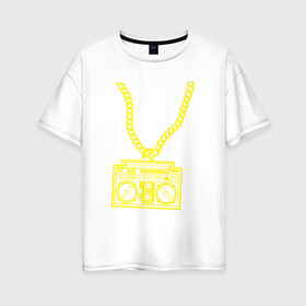 Женская футболка хлопок Oversize с принтом Золотой магнитофон на цепи в Курске, 100% хлопок | свободный крой, круглый ворот, спущенный рукав, длина до линии бедер
 | бумбокс | золотая цепь | золото | магнитофон | музыка | цепь