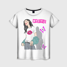 Женская футболка 3D с принтом Мой стиль в Курске, 100% полиэфир ( синтетическое хлопкоподобное полотно) | прямой крой, круглый вырез горловины, длина до линии бедер | бабочки | губы | девушка | иностранные | красотка | мода | надписи | поцелуй | слова | стиль