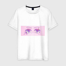 Мужская футболка хлопок с принтом Аниме глазки в Курске, 100% хлопок | прямой крой, круглый вырез горловины, длина до линии бедер, слегка спущенное плечо. | kawaii | блестки | макияж | милота | розовый