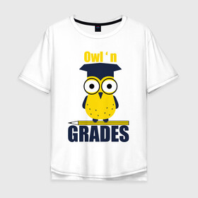 Мужская футболка хлопок Oversize с принтом Owl Grades в Курске, 100% хлопок | свободный крой, круглый ворот, “спинка” длиннее передней части | арт | иллюстрация | карандаш | сова | студент