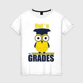 Женская футболка хлопок с принтом Owl Grades в Курске, 100% хлопок | прямой крой, круглый вырез горловины, длина до линии бедер, слегка спущенное плечо | арт | иллюстрация | карандаш | сова | студент