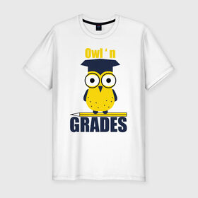 Мужская футболка хлопок Slim с принтом Owl Grades в Курске, 92% хлопок, 8% лайкра | приталенный силуэт, круглый вырез ворота, длина до линии бедра, короткий рукав | арт | иллюстрация | карандаш | сова | студент