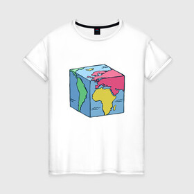 Женская футболка хлопок с принтом Квадратный глобус земли в Курске, 100% хлопок | прямой крой, круглый вырез горловины, длина до линии бедер, слегка спущенное плечо | art | cube | cubic | earth | europe | funny | globe | globus | humor | illustration | map | south america | америка | арт | африка | евразия | европа | земля | иллюстрация | карта | континенты | кубизм | кубическая карта | планета | прикол