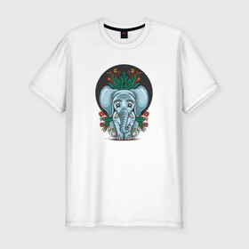 Мужская футболка хлопок Slim с принтом Слон и цветы в Курске, 92% хлопок, 8% лайкра | приталенный силуэт, круглый вырез ворота, длина до линии бедра, короткий рукав | cute | elephant | животное | милый | слон | слоненок | слоник | цветы