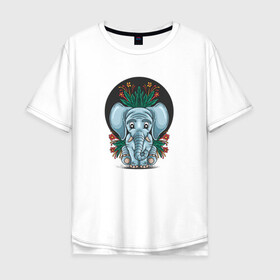 Мужская футболка хлопок Oversize с принтом Слон и цветы в Курске, 100% хлопок | свободный крой, круглый ворот, “спинка” длиннее передней части | Тематика изображения на принте: cute | elephant | животное | милый | слон | слоненок | слоник | цветы