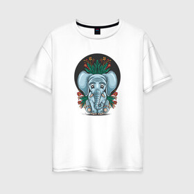 Женская футболка хлопок Oversize с принтом Слон и цветы в Курске, 100% хлопок | свободный крой, круглый ворот, спущенный рукав, длина до линии бедер
 | Тематика изображения на принте: cute | elephant | животное | милый | слон | слоненок | слоник | цветы