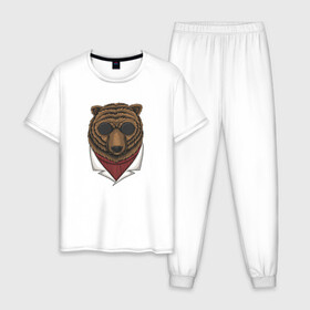 Мужская пижама хлопок с принтом Крутой Медведь в очках в Курске, 100% хлопок | брюки и футболка прямого кроя, без карманов, на брюках мягкая резинка на поясе и по низу штанин
 | bear | grizzly | kuma | гриззли | гризли | грозный | крутой | медведь | медвежонок | мишка