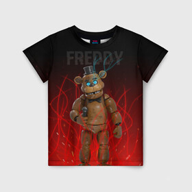 Детская футболка 3D с принтом FNAF FREDDY в Курске, 100% гипоаллергенный полиэфир | прямой крой, круглый вырез горловины, длина до линии бедер, чуть спущенное плечо, ткань немного тянется | Тематика изображения на принте: игры | искры | красный | стиль | фнаф | фредди