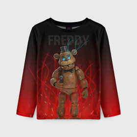 Детский лонгслив 3D с принтом FNAF FREDDY в Курске, 100% полиэстер | длинные рукава, круглый вырез горловины, полуприлегающий силуэт
 | игры | искры | красный | стиль | фнаф | фредди