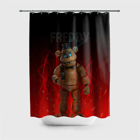 Штора 3D для ванной с принтом FNAF FREDDY в Курске, 100% полиэстер | плотность материала — 100 г/м2. Стандартный размер — 146 см х 180 см. По верхнему краю — пластиковые люверсы для креплений. В комплекте 10 пластиковых колец | игры | искры | красный | стиль | фнаф | фредди